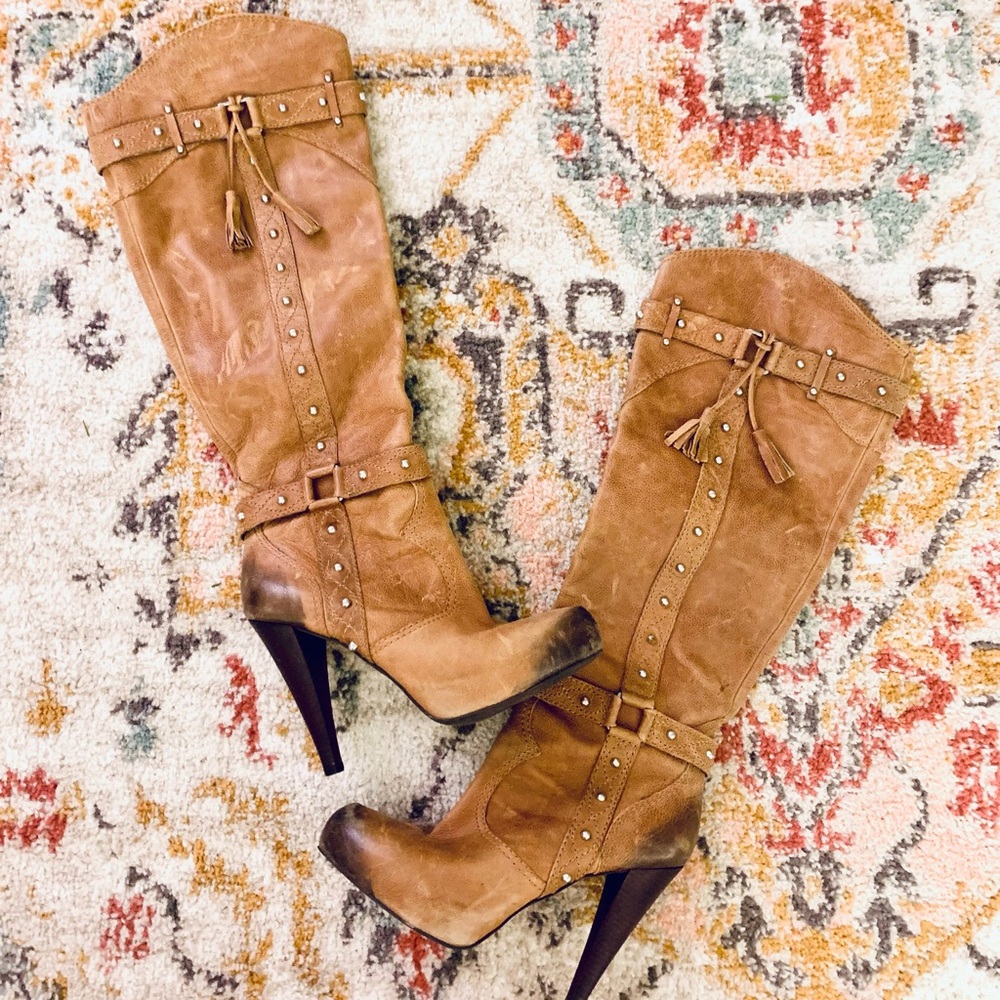 Gianni Bini Knee High Cognac Leather Boots